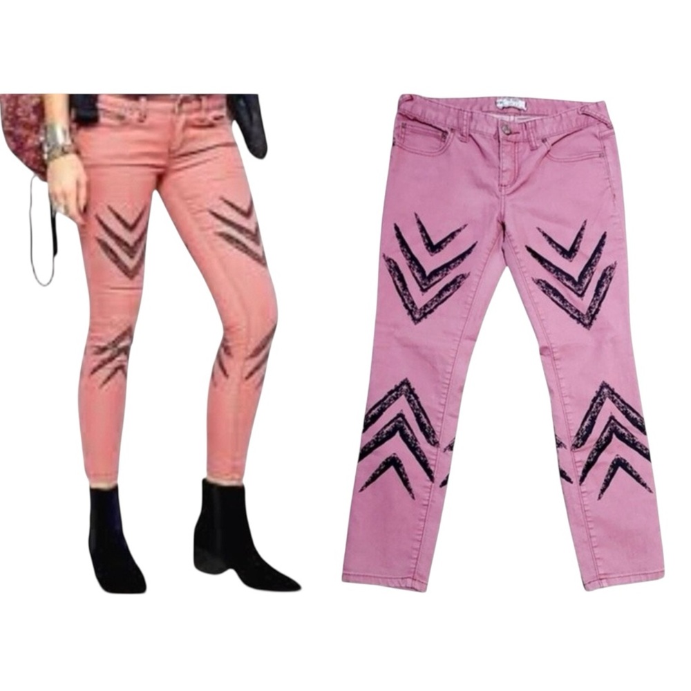 Free People Cropped Skinny Ikat Chevron Arrow Dusty Rose Jeans, size 28